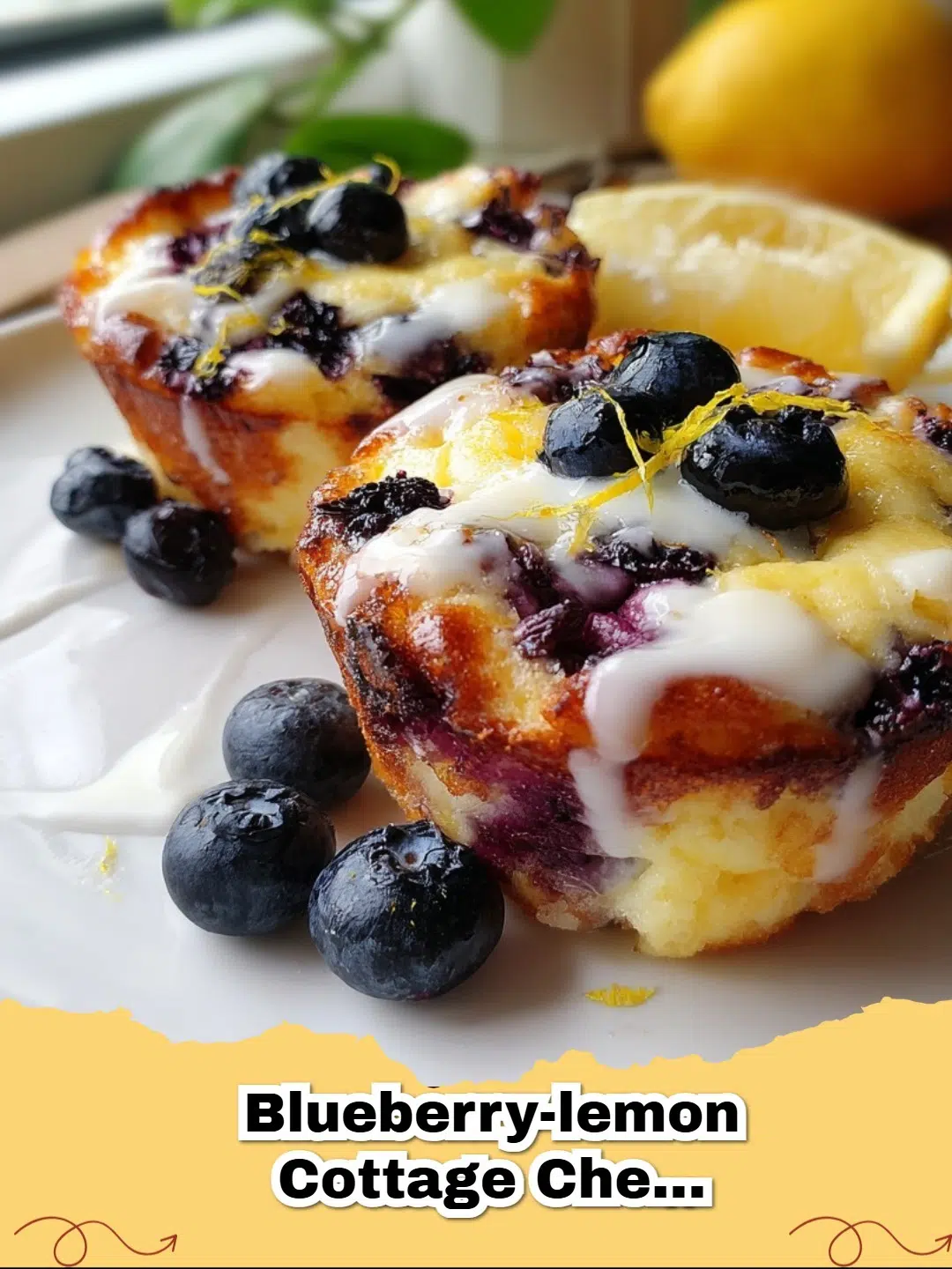 A close-up of healthy blueberry lemon cottage cheese pancake cups in a muffin tin, garnished with fresh blueberries and lemon zest, ready to be served.