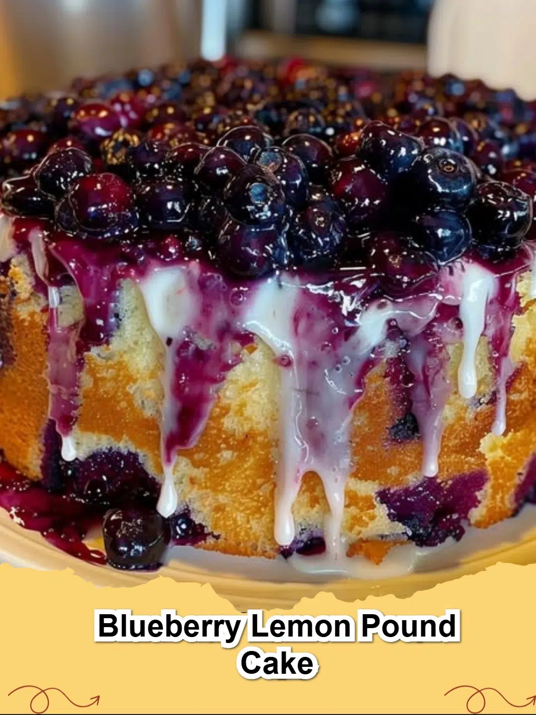 A slice of homemade Blueberry Lemon Pound Cake with lemon glaze and fresh blueberries.