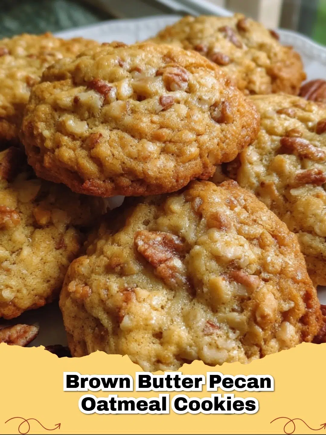 Delicious brown butter pecan oatmeal cookies stacked on a cooling rack, with a bite taken from one, highlighting the chewy texture and visible oats and pecans.