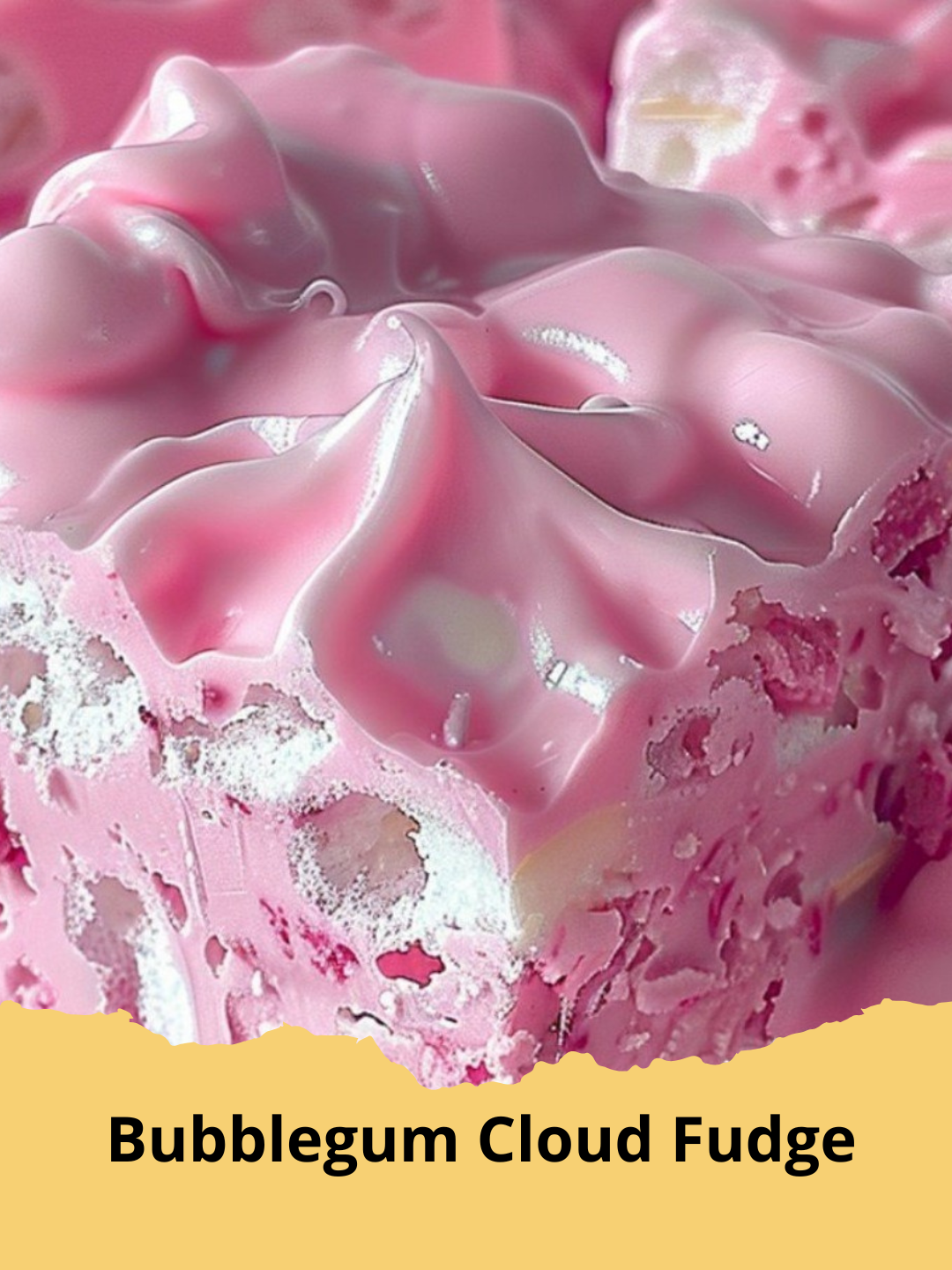 Vibrant pink Bubblegum Cloud Fudge squares with colorful sprinkles, set on a white background.