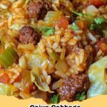 A vibrant skillet of Cajun Cabbage Jambalaya with smoked sausage, rice, and vegetables, garnished with fresh herbs, showcasing a spicy one-pan meal.