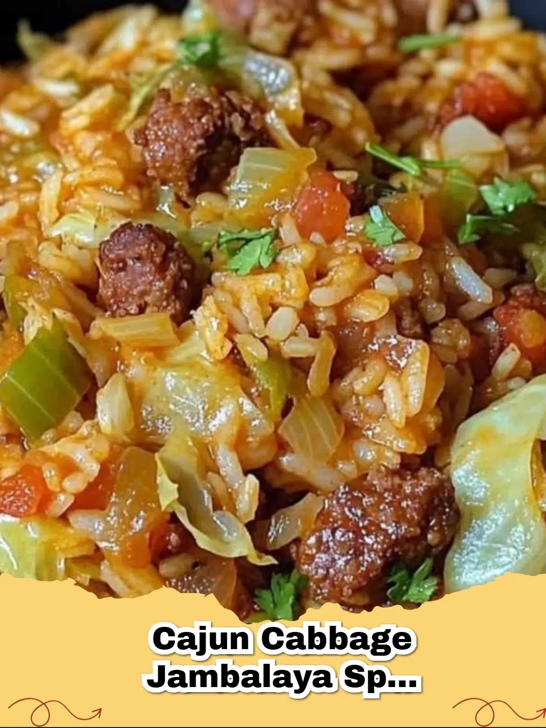 A vibrant skillet of Cajun Cabbage Jambalaya with smoked sausage, rice, and vegetables, garnished with fresh herbs, showcasing a spicy one-pan meal.