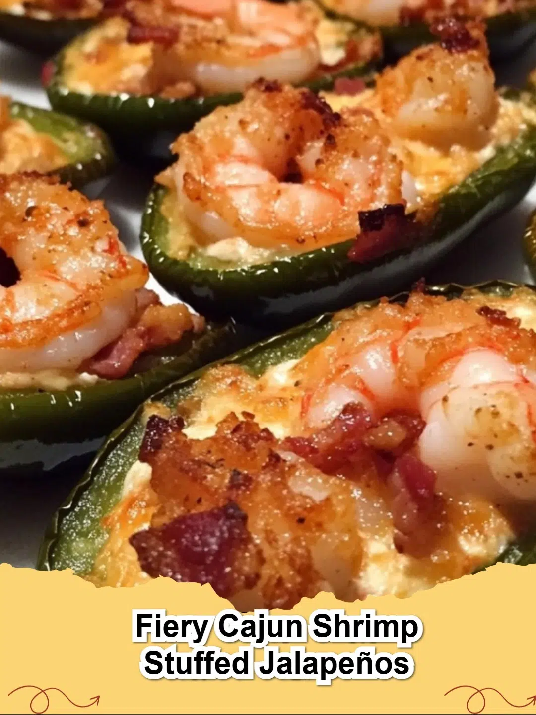 Platter of golden brown Cajun Shrimp Stuffed Jalapeños garnished with fresh chives and crispy bacon