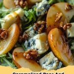 Vibrant Caramelized Pear and Blue Cheese Salad with candied walnuts and balsamic glaze