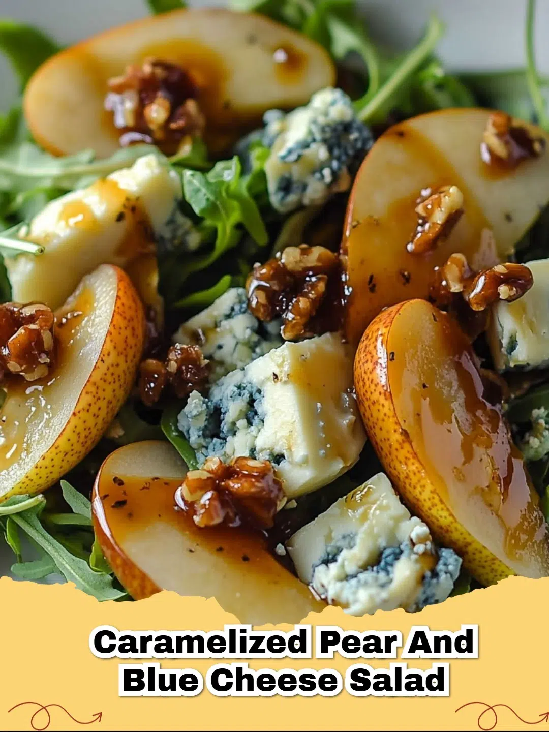 Vibrant Caramelized Pear and Blue Cheese Salad with candied walnuts and balsamic glaze