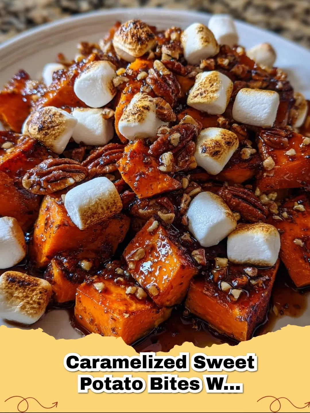 Caramelized Sweet Potato Bites with Brown Sugar Marshmallows and Pecans, golden brown and ready to serve.