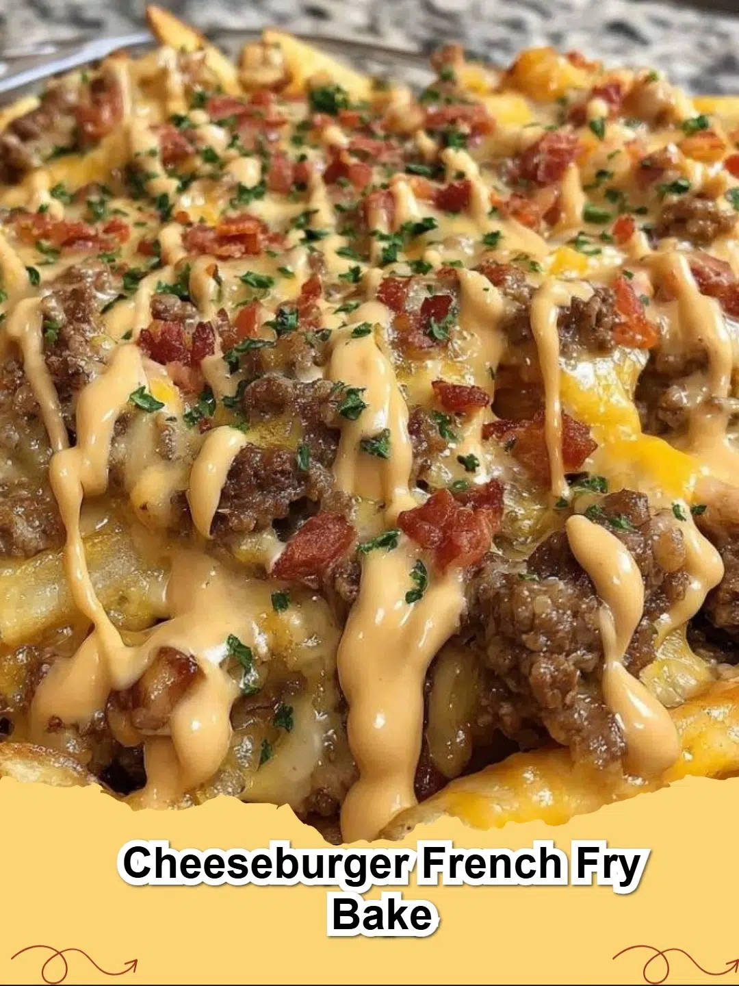 Delicious Cheeseburger French Fry Bake with golden fries and melted cheese