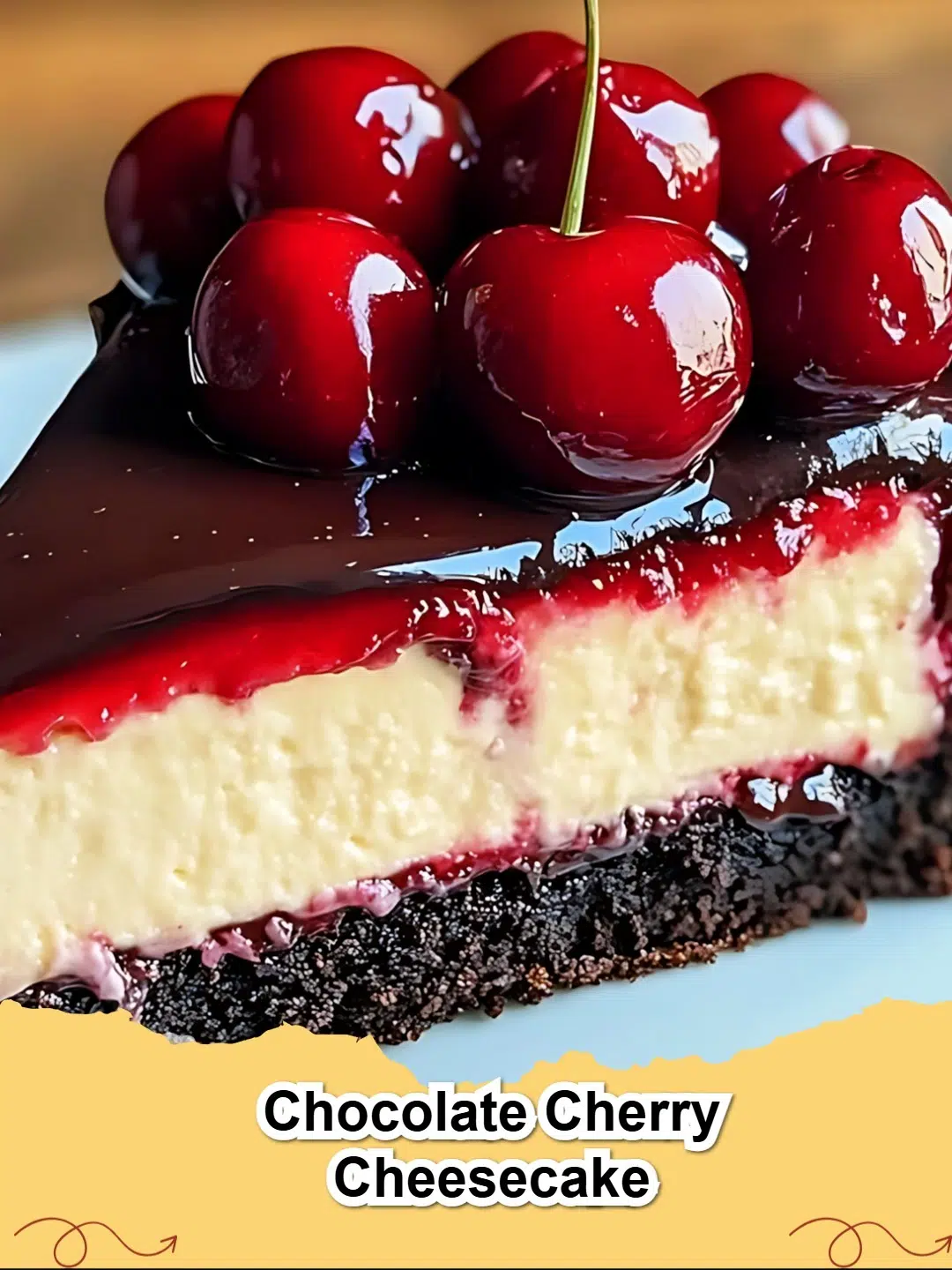 Decadent Chocolate Cherry Cheesecake with a rich chocolate crust and glistening cherry topping