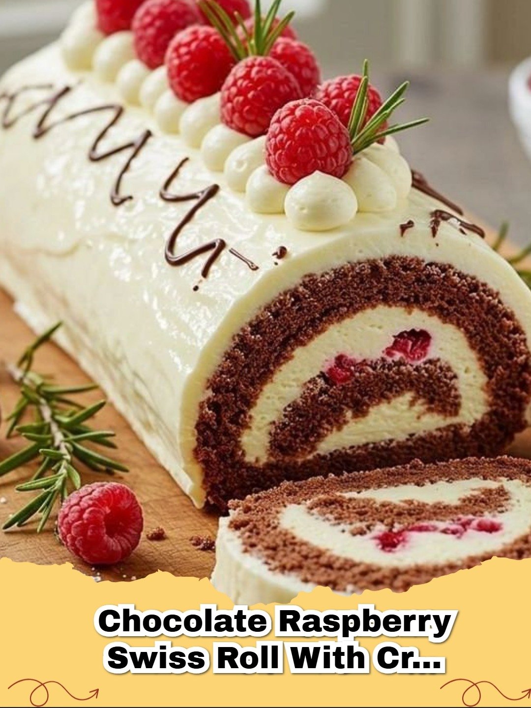 A slice of Chocolate Raspberry Swiss Roll with Cream Cheese Frosting on a plate, showing layers of chocolate cake, raspberry filling, and white frosting.