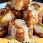 Pile of golden-brown Cinnamon Roll French Toast Bites drizzled with icing on a white plate