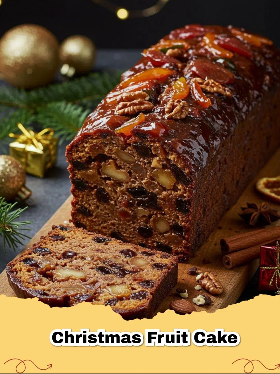 A beautifully decorated Classic Christmas Fruit Cake with glace cherries and blanched almonds, ready for the holidays.
