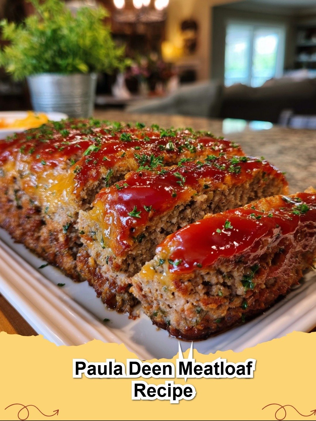 A golden-brown Paula Deen Meatloaf with a tangy ketchup glaze, sliced on a serving platter.