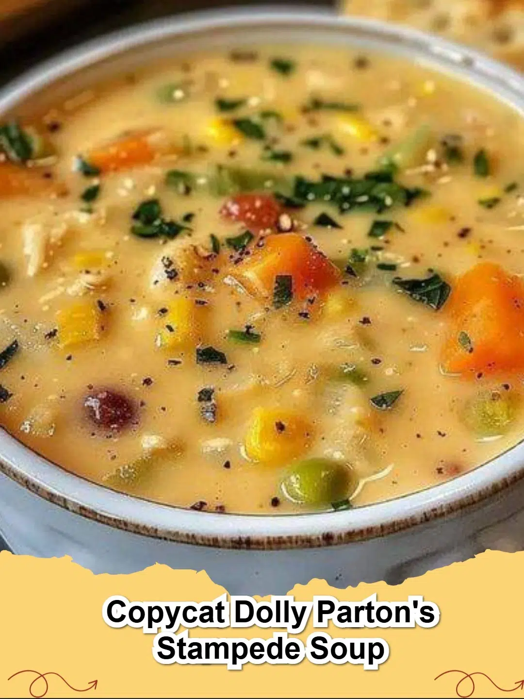 Bowl of creamy Copycat Dolly Parton's Stampede Soup garnished with fresh parsley