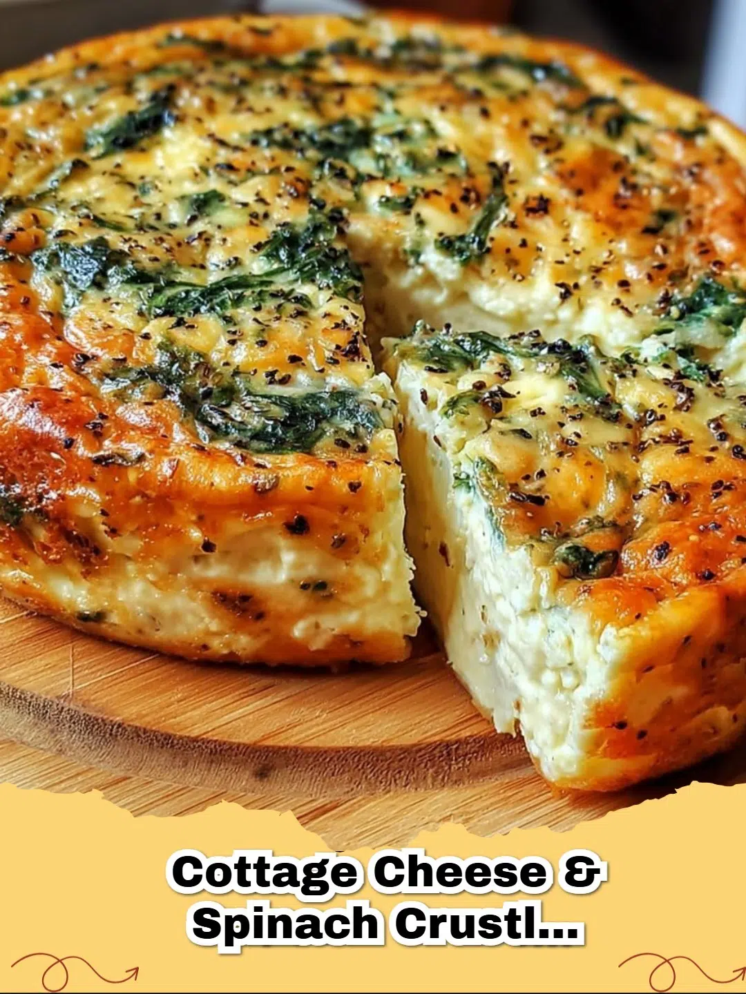 Close-up of a golden brown Cottage Cheese and Spinach Crustless Quiche, ready to be served.