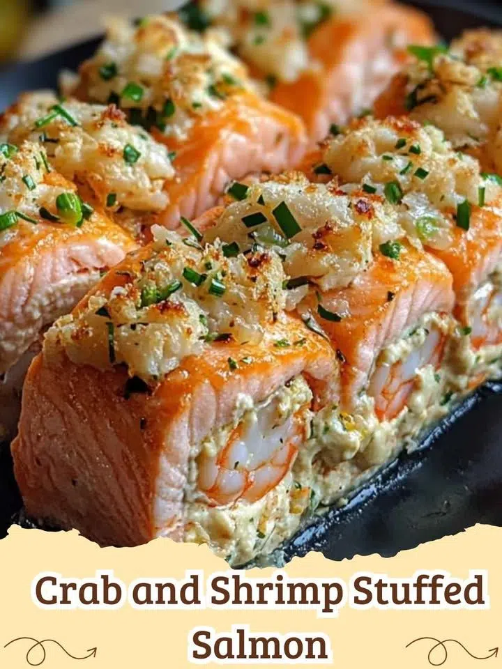 Succulent Crab and Shrimp Stuffed Salmon baked to perfection, garnished with fresh herbs, ready for a gourmet dinner.