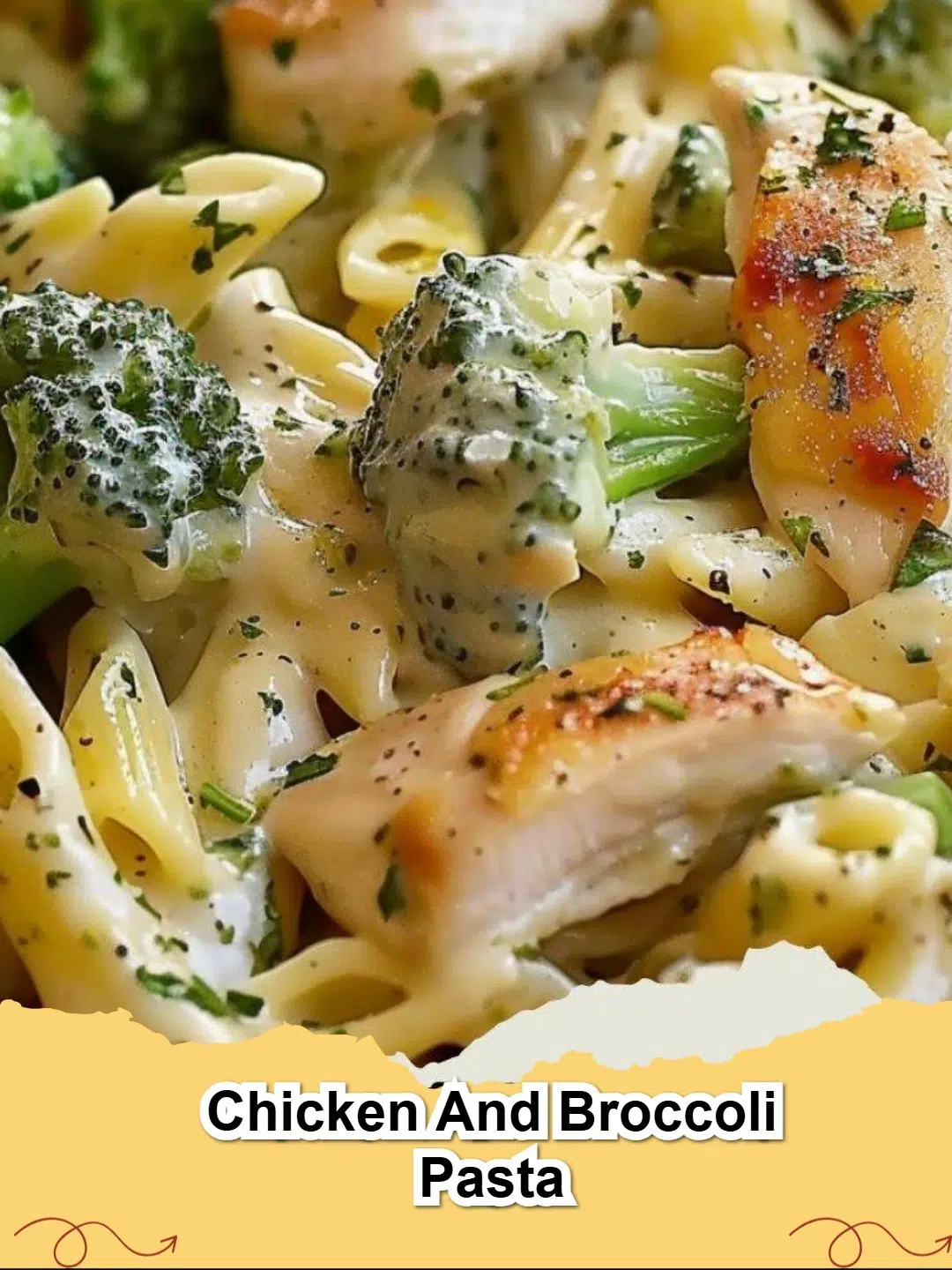 Delicious creamy chicken and broccoli pasta in a white bowl, garnished with fresh parsley.