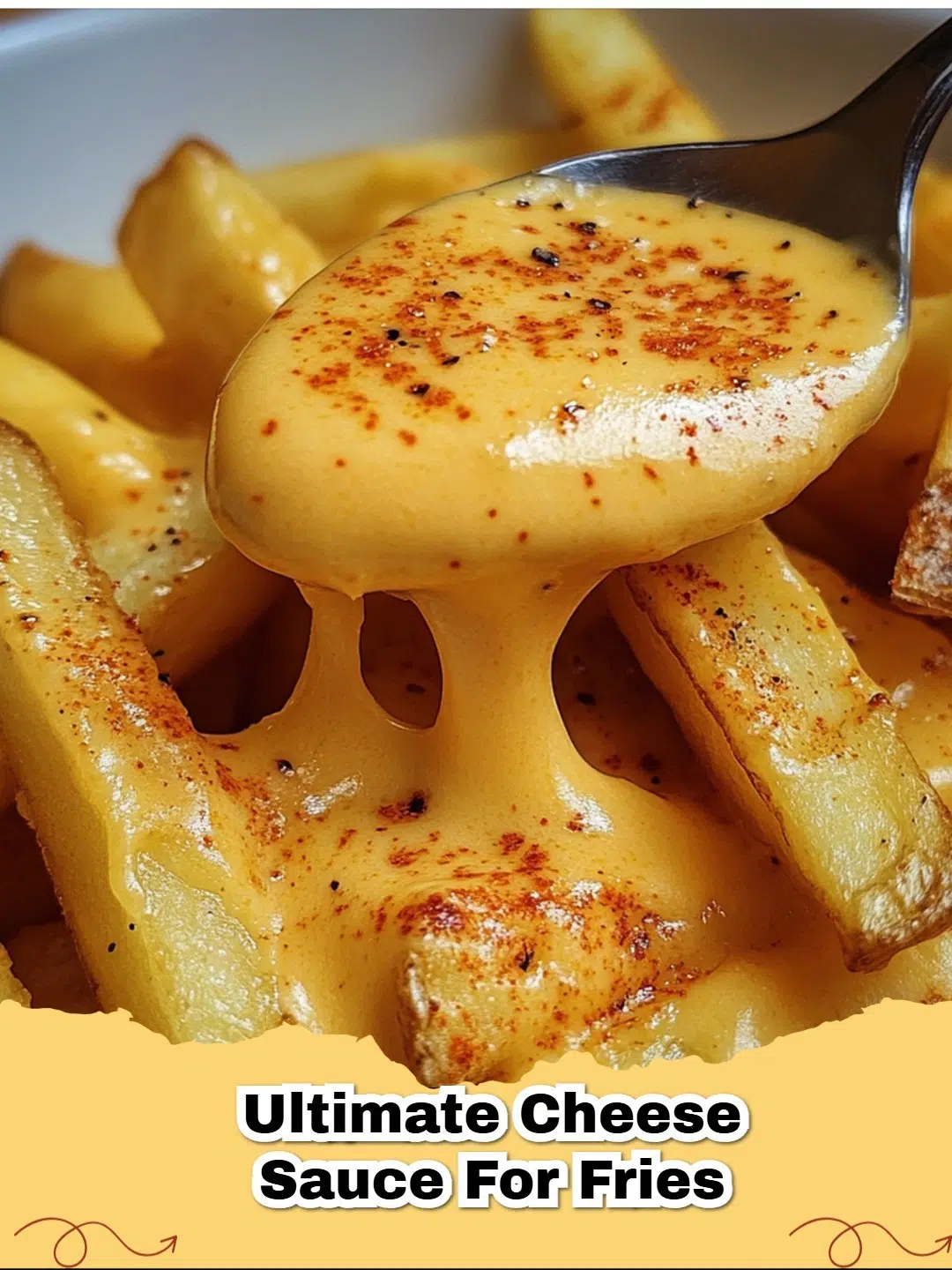 Creamy cheddar cheese sauce drizzled generously over crispy golden fries, ready to eat.
