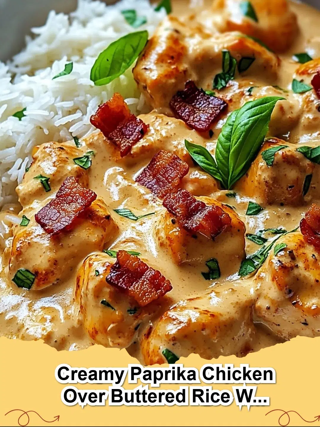 Plate of creamy paprika chicken thighs served over buttered rice, topped with crispy bacon and fresh basil.