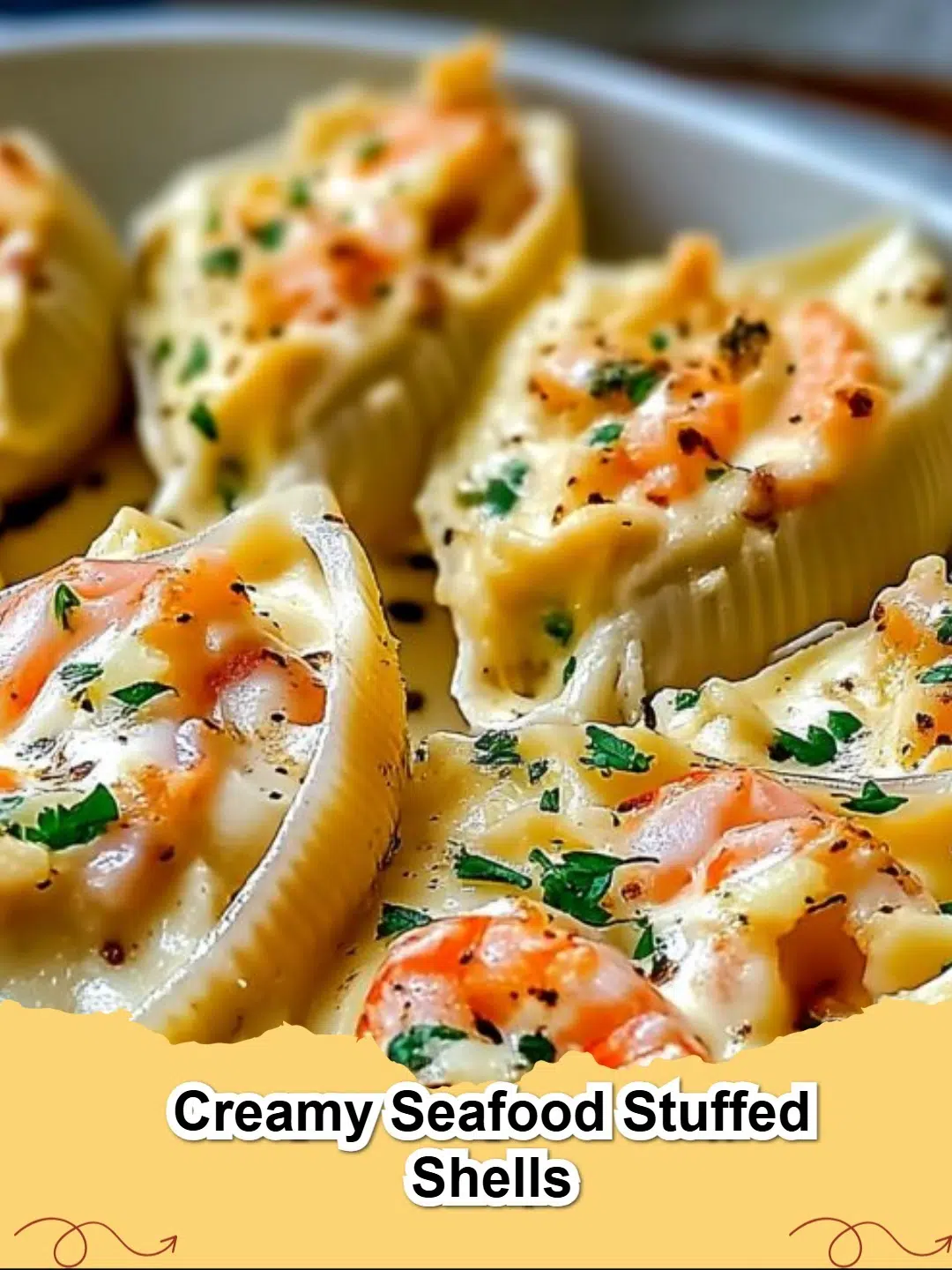 Oven-baked creamy seafood stuffed shells topped with melted golden-brown cheese and fresh parsley.