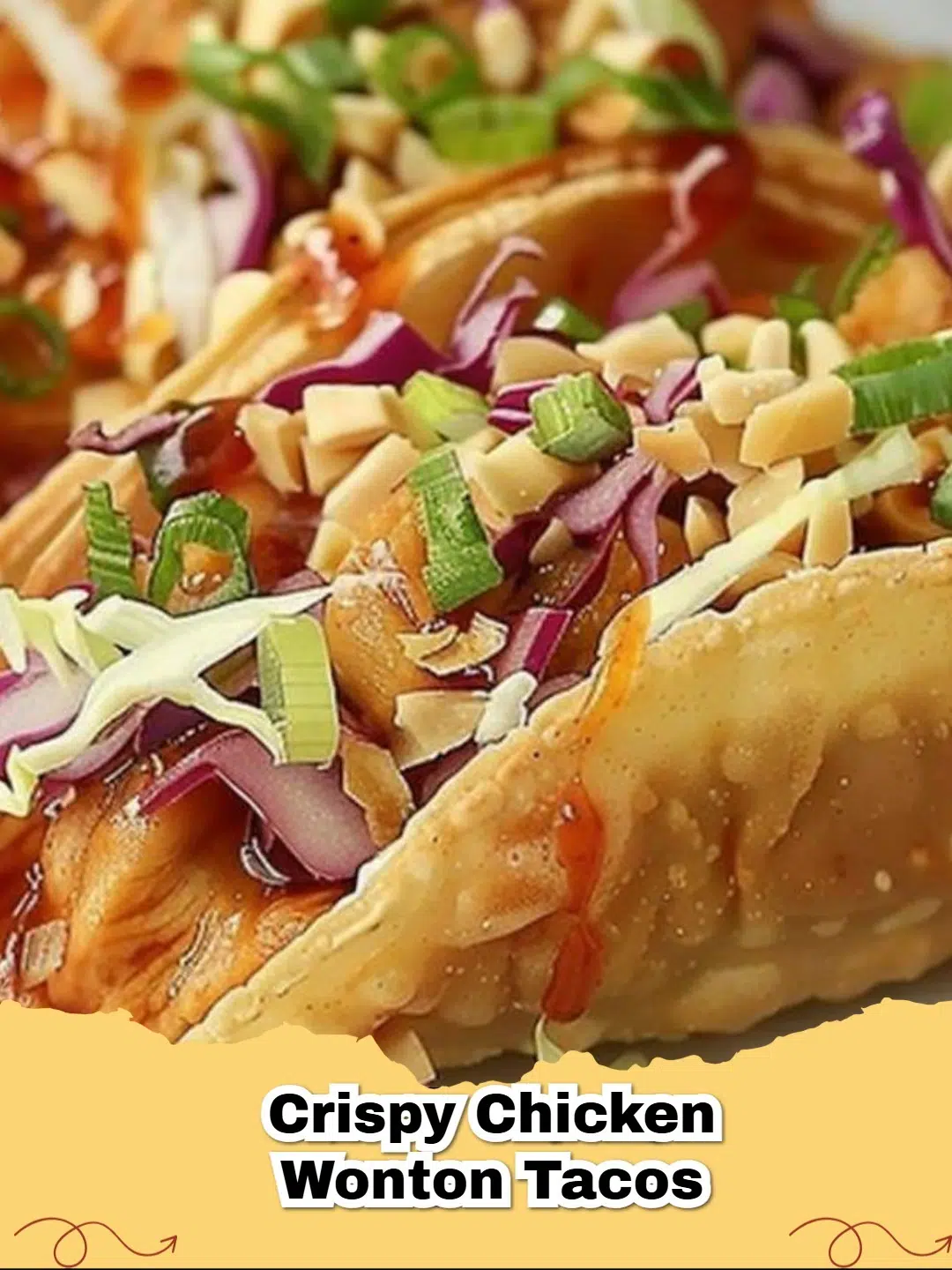 Crispy Chicken Wonton Tacos piled high with savory teriyaki chicken, fresh cabbage slaw, and spicy mayo, served on a platter.