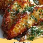 Close-up of golden brown Crispy Garlic Parmesan Potato Wedges on a baking sheet, fresh out of the oven, sprinkled with herbs.