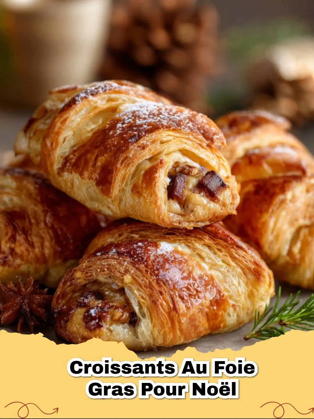 Golden-brown Croissants au Foie Gras pour Noël served on a festive platter with holiday decorations