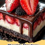 Decadent Chocolate Strawberry Cheesecake Bars with a rich Oreo crust and fresh strawberry topping, ready to serve