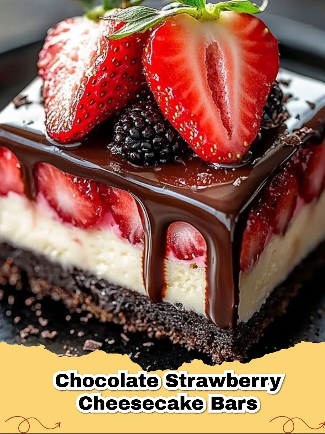 Decadent Chocolate Strawberry Cheesecake Bars with a rich Oreo crust and fresh strawberry topping, ready to serve