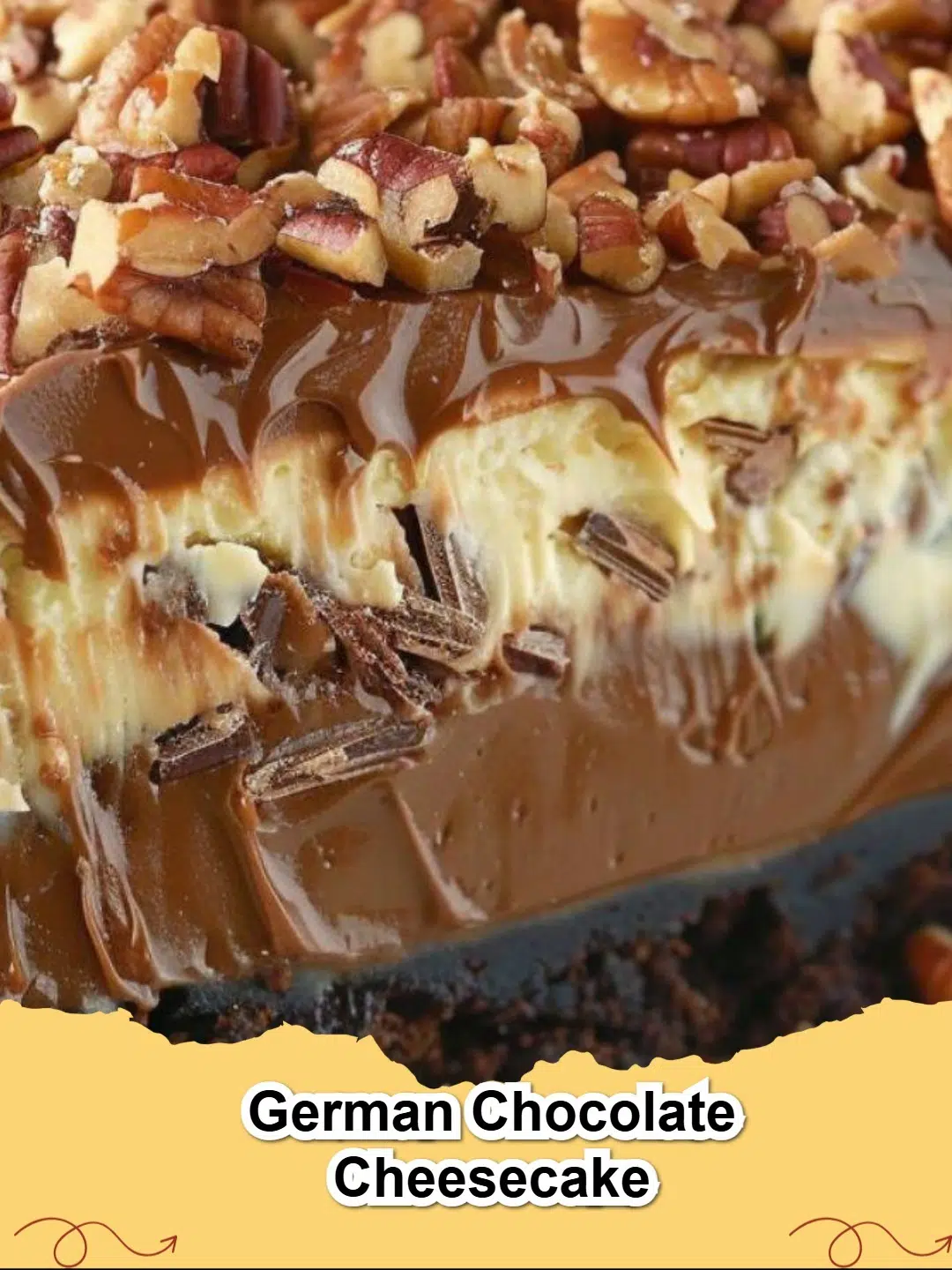 A slice of decadent German Chocolate Cheesecake with a rich coconut-pecan topping on a chocolate cookie crust.