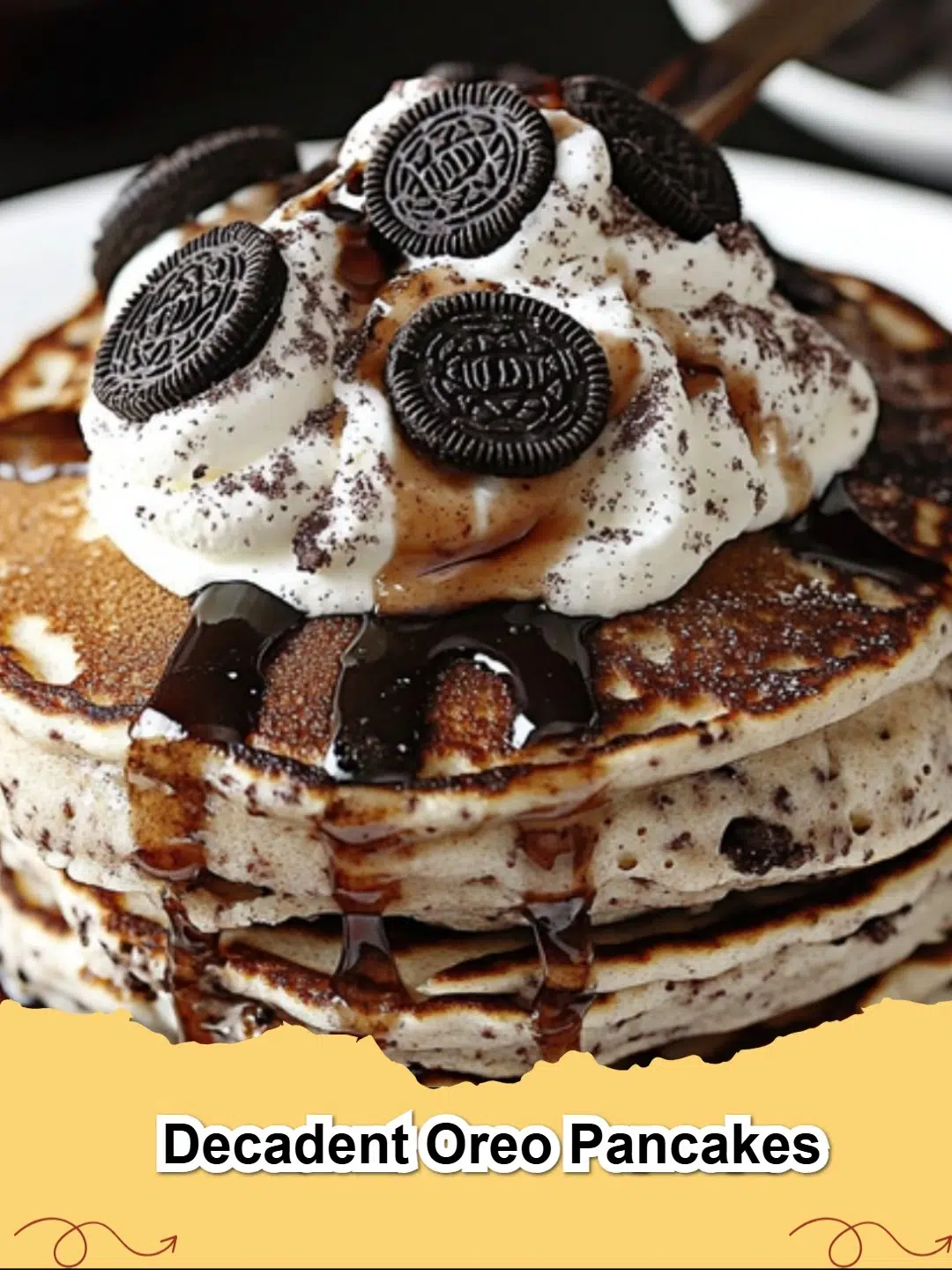 Decadent Oreo Pancakes Stack with Whipped Cream and Crushed Oreos
