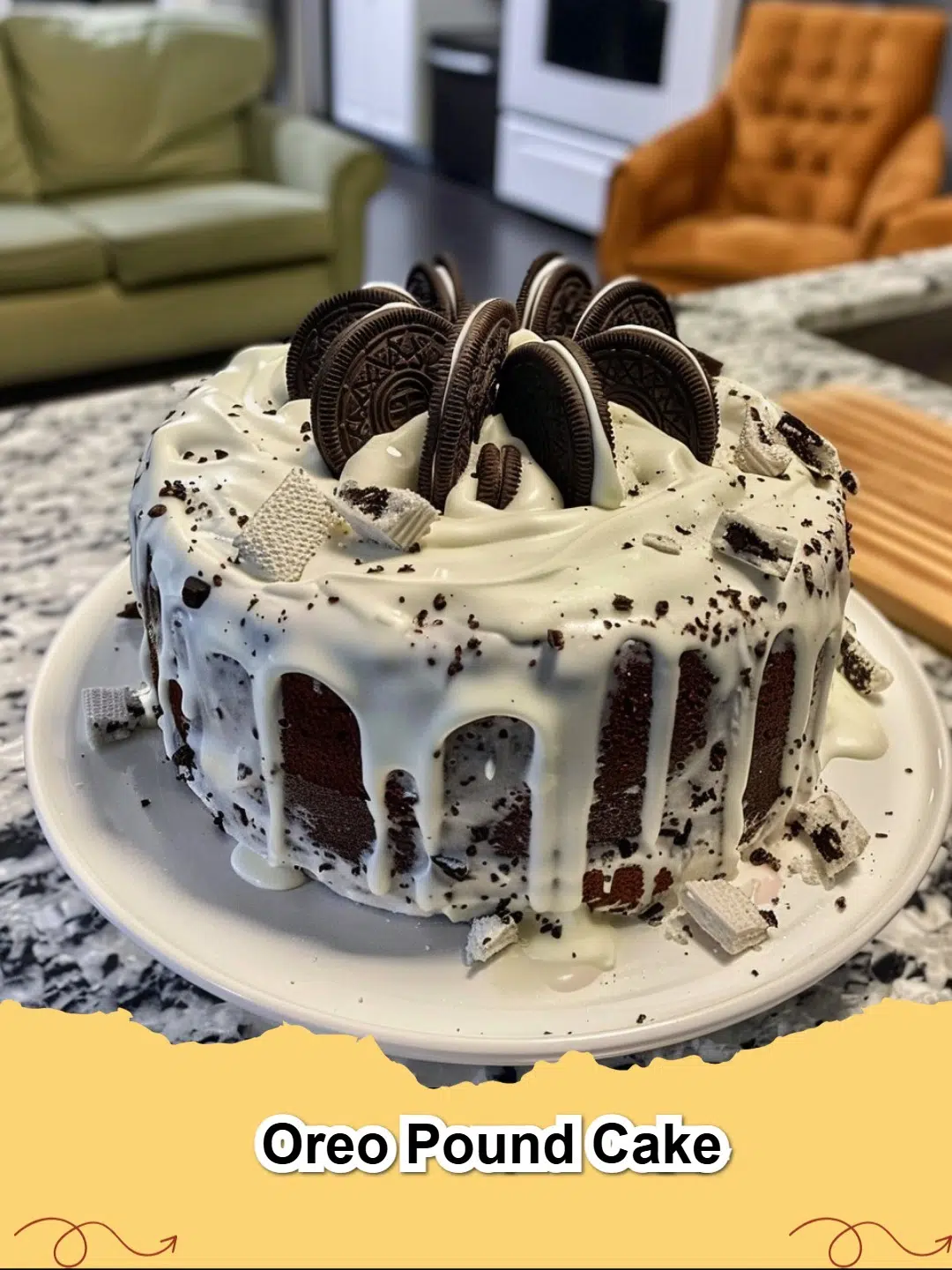 A slice of decadent Oreo Pound Cake on a white plate, showing the crushed cookies inside and a drizzle of glaze.