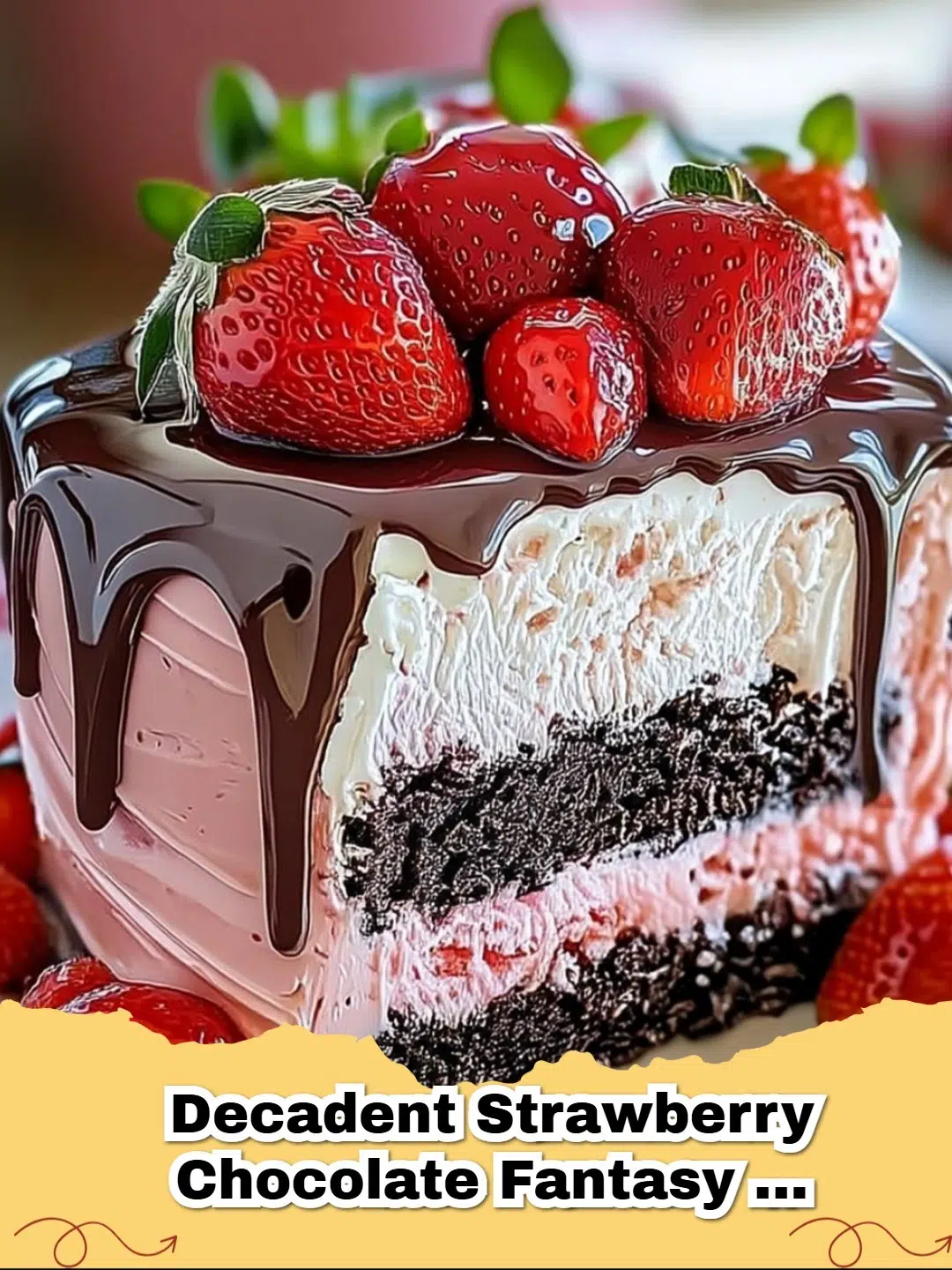 Decadent Strawberry Chocolate Fantasy Ice Cream Cake with rich layers and garnishes