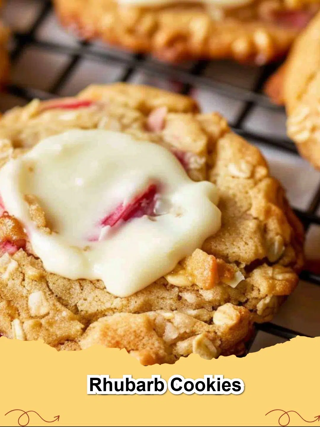 Close-up of freshly baked Delicious Rhubarb Cookies on a cooling rack