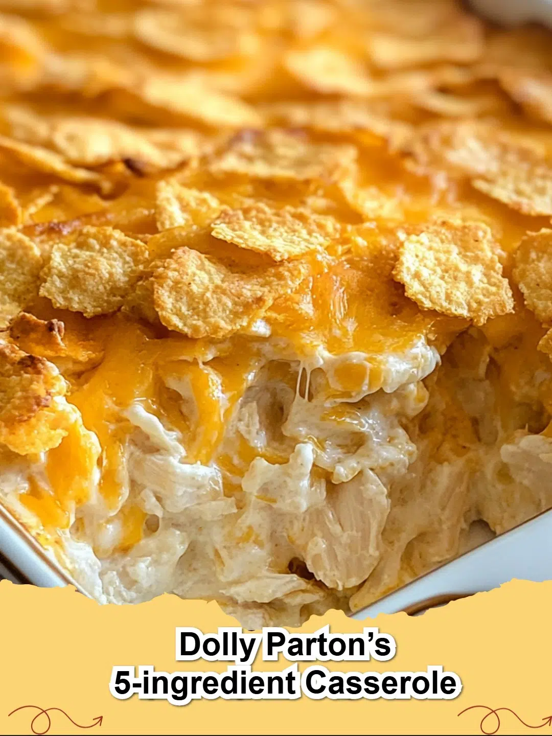 A golden-brown Dolly Parton's 5-Ingredient Chicken Casserole with a crispy Ritz cracker topping, ready to serve.