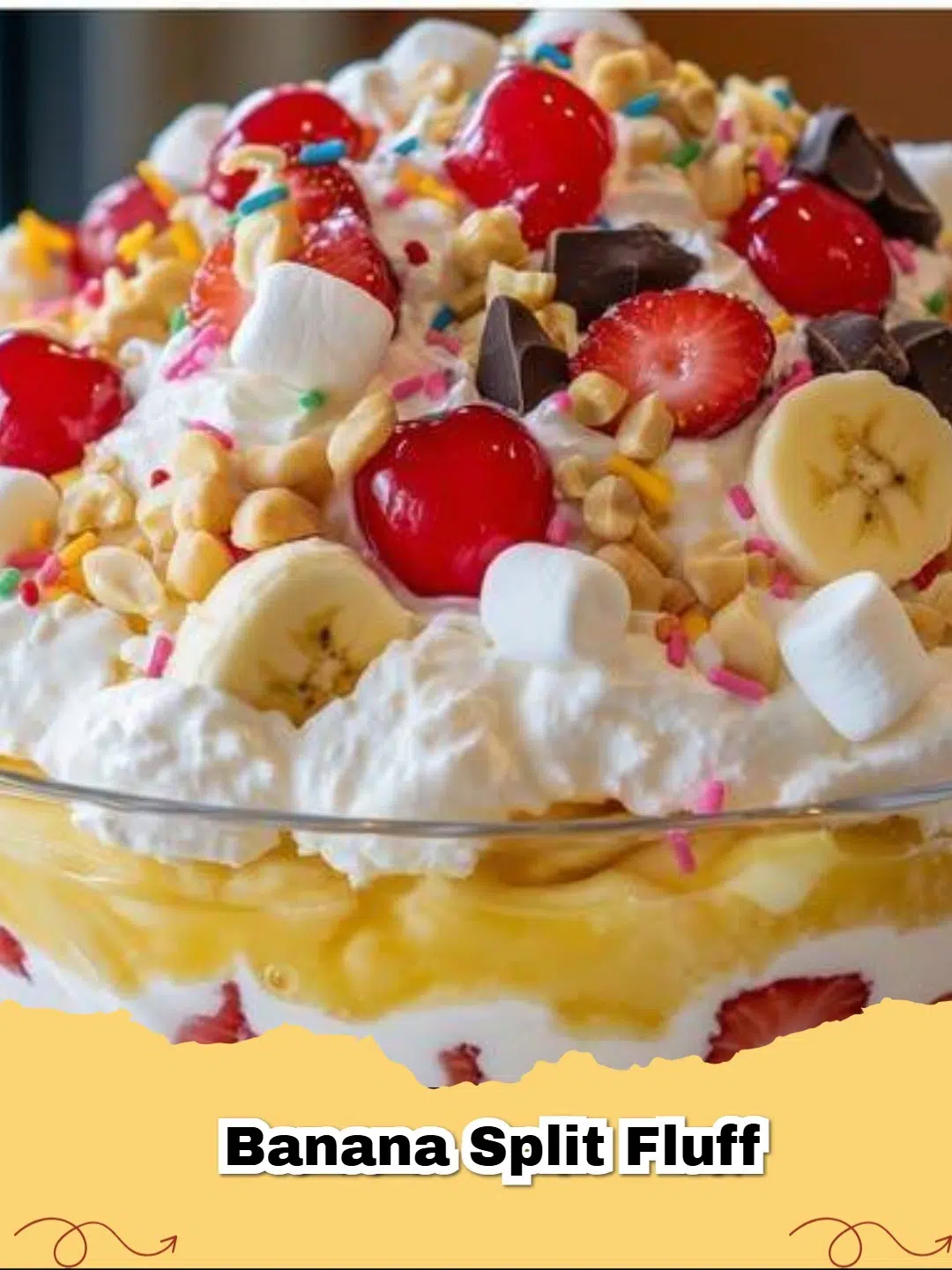 A creamy, yellow Banana Split Fluff dessert in a glass bowl, garnished with cherries and nuts, ready to be served.
