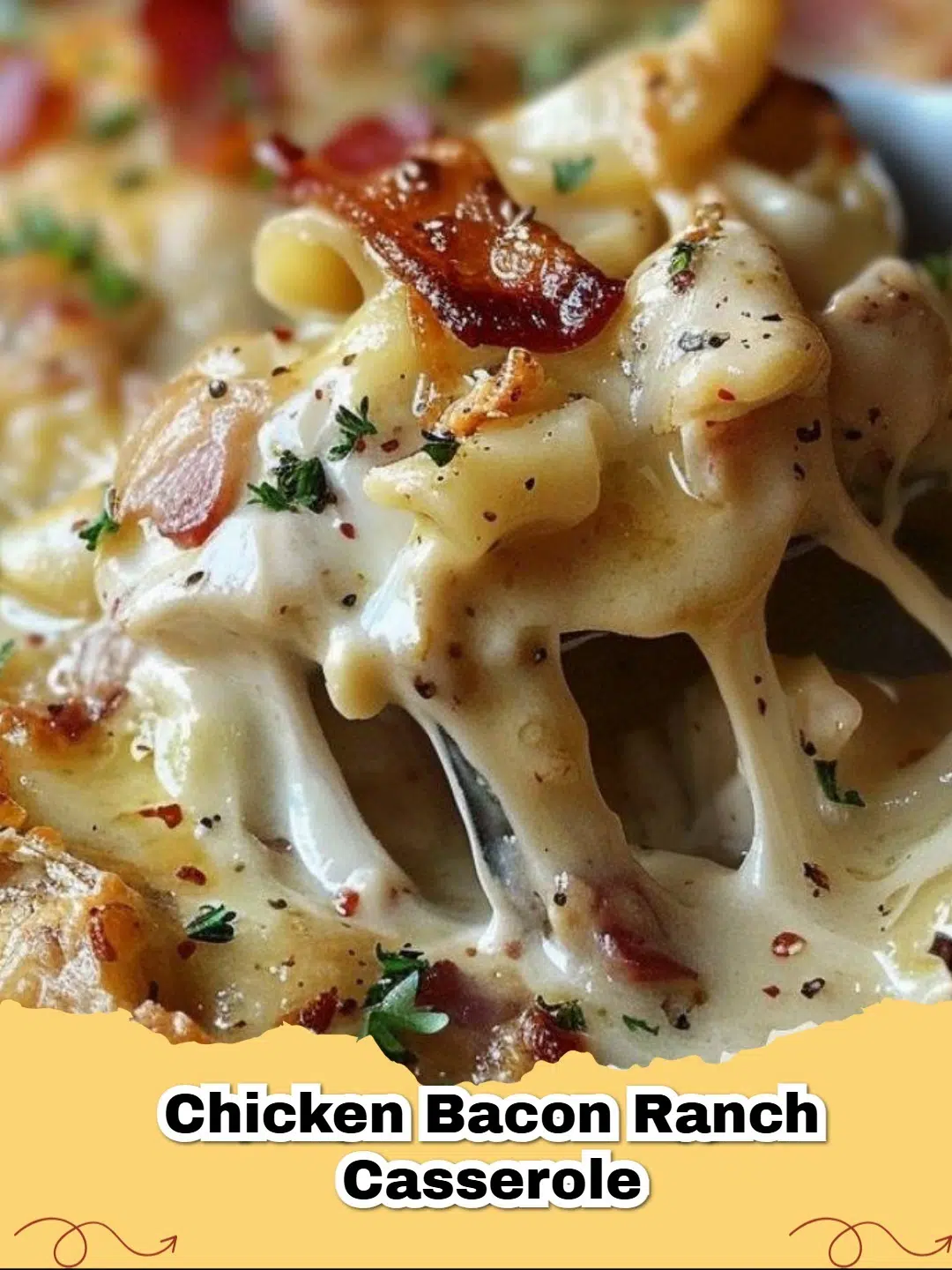 Easy Chicken Bacon Ranch Casserole in a baking dish, fresh out of the oven, with melted cheese and crispy bacon on top.