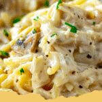 Easy Chicken Tetrazzini casserole, bubbling and golden brown, fresh from the oven, ready to serve.