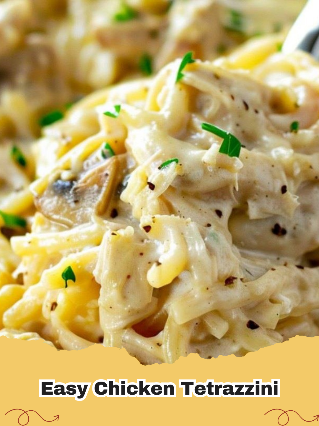 Easy Chicken Tetrazzini casserole, bubbling and golden brown, fresh from the oven, ready to serve.