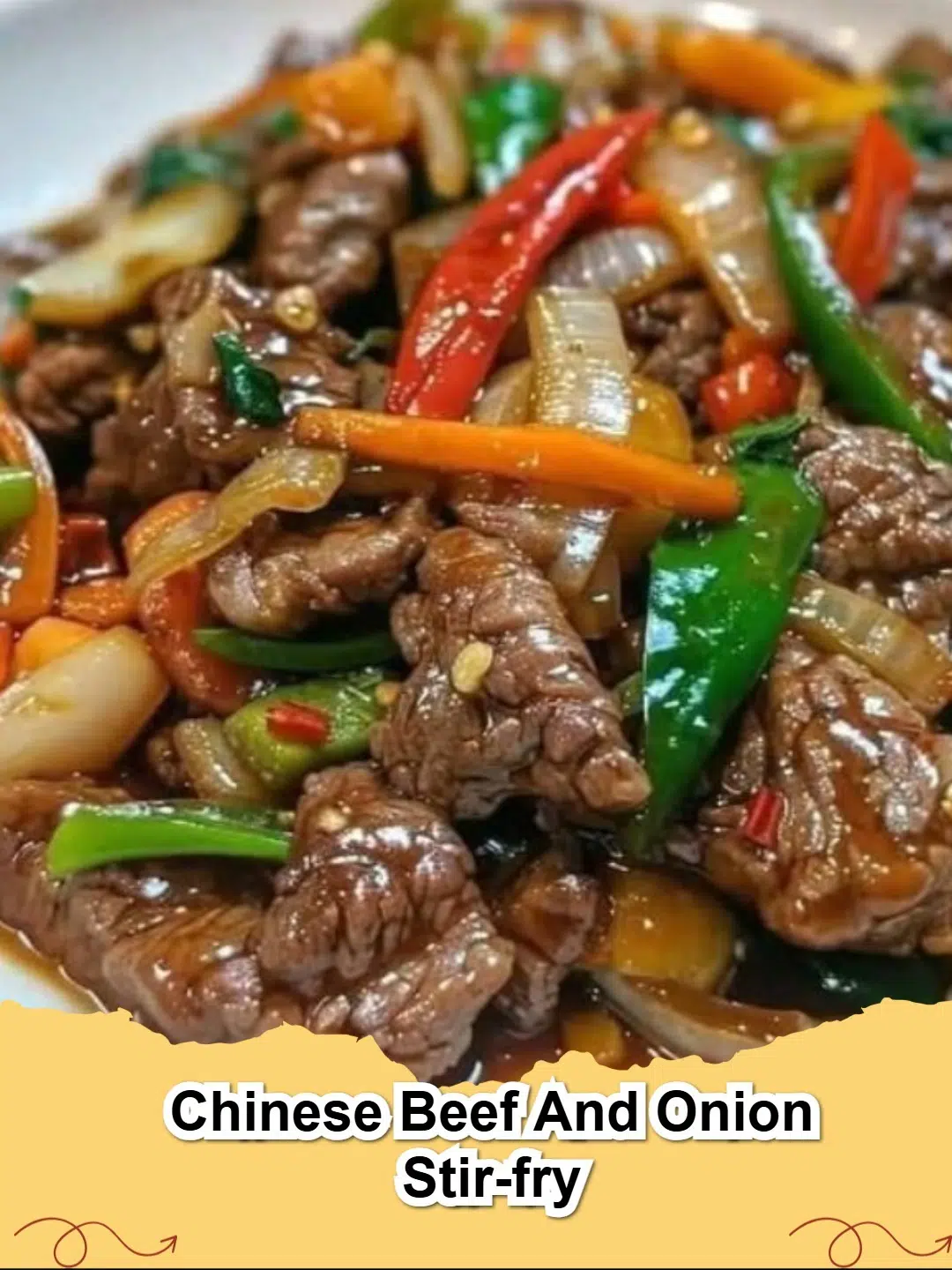 Platter of Easy Chinese Beef and Onion Stir-Fry with rice and green onions