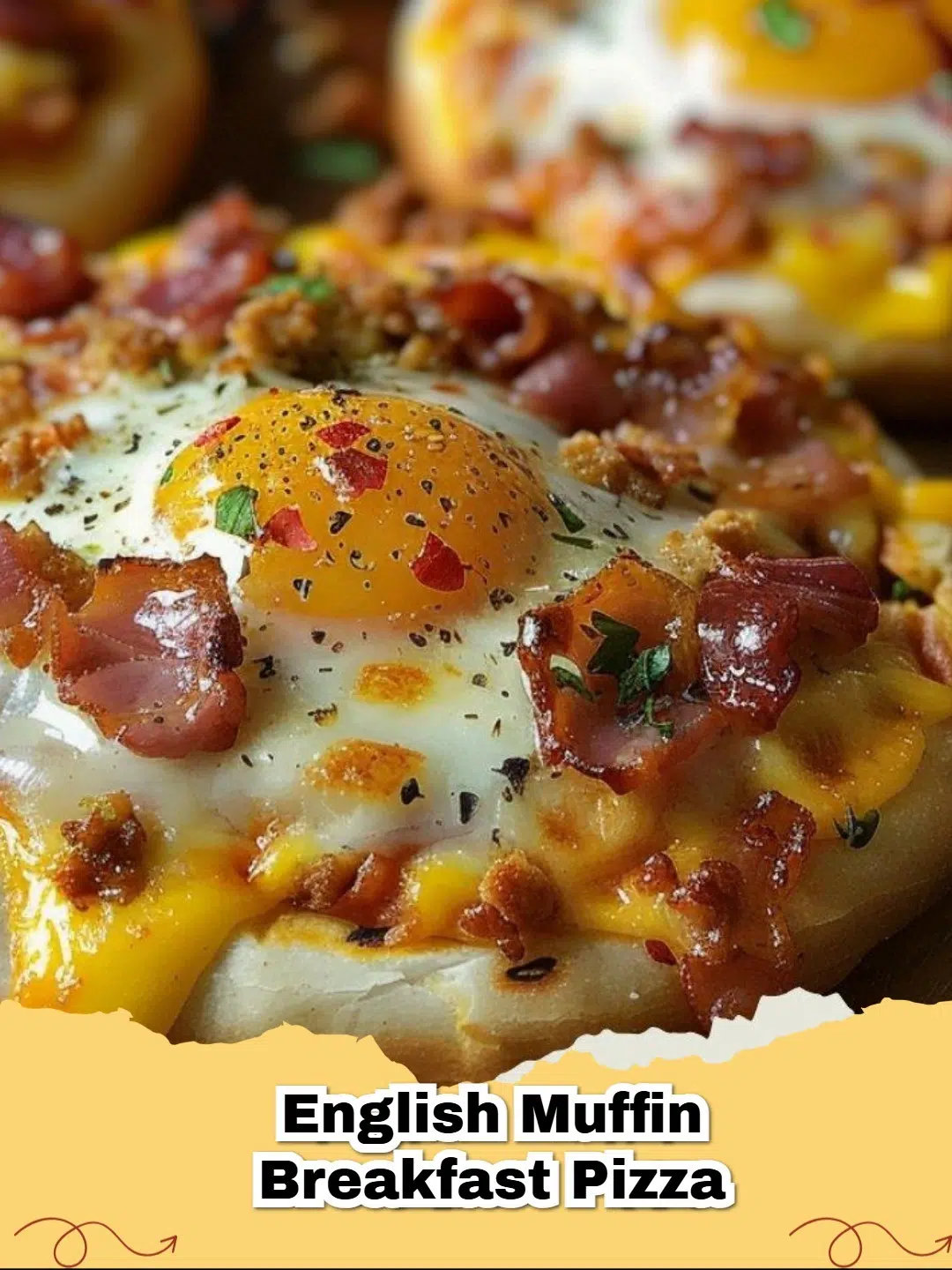 Delicious English Muffin Breakfast Pizza with scrambled eggs, cheese, and vibrant toppings, ready to eat.