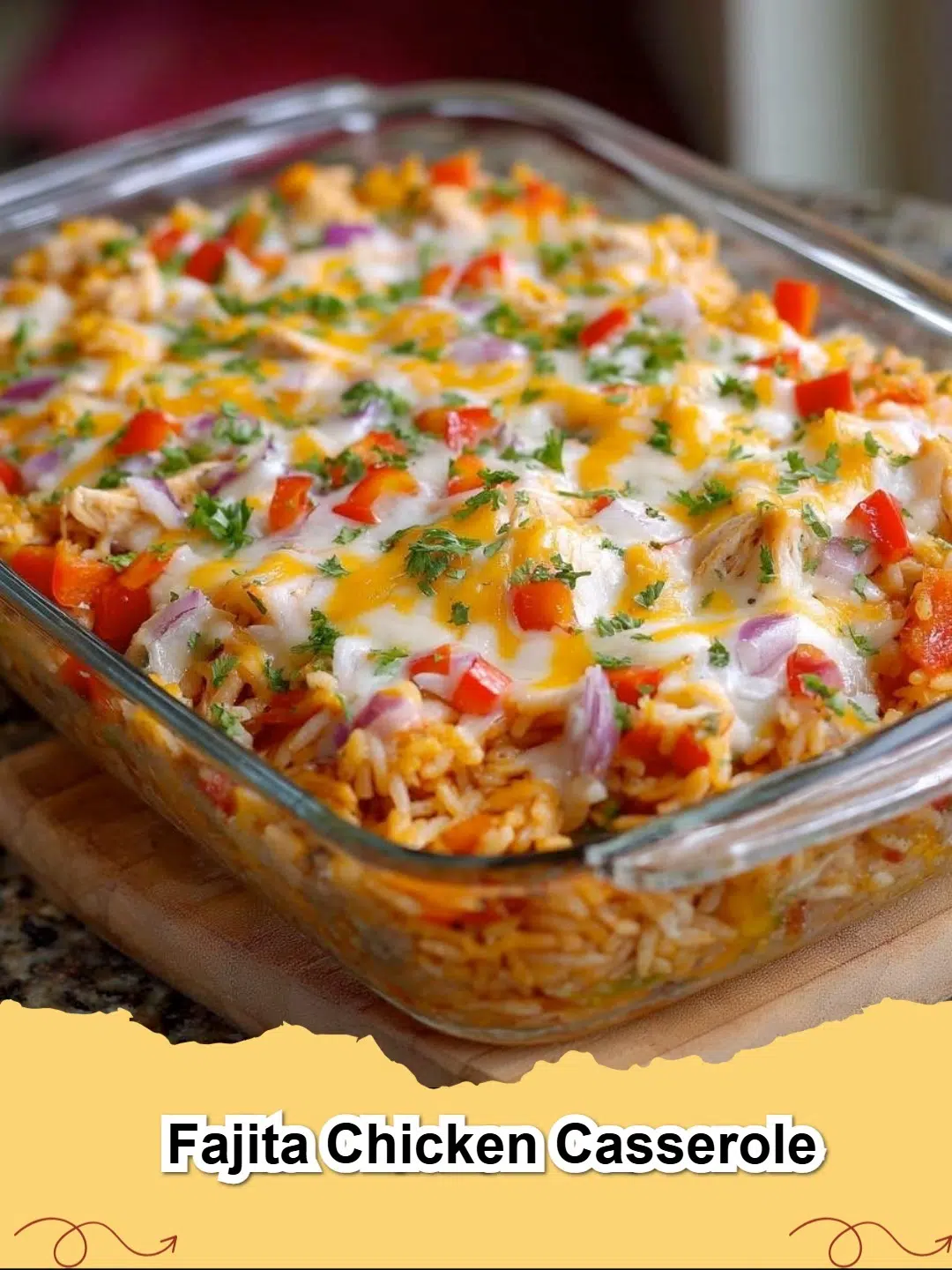 Close-up of a bubbly Fajita Chicken Casserole, topped with melted cheese, ready to be served.