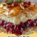 Golden brown Festive Brie Phyllo Layers with creamy melted brie and tangy cranberry sauce on a serving platter