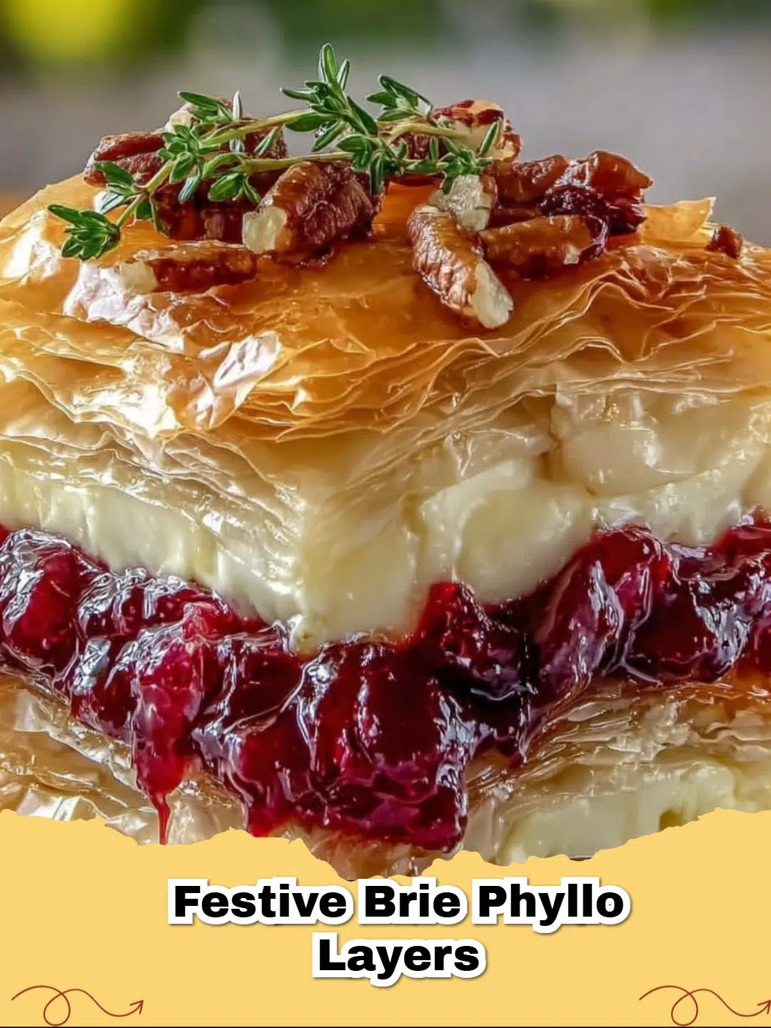 Golden brown Festive Brie Phyllo Layers with creamy melted brie and tangy cranberry sauce on a serving platter