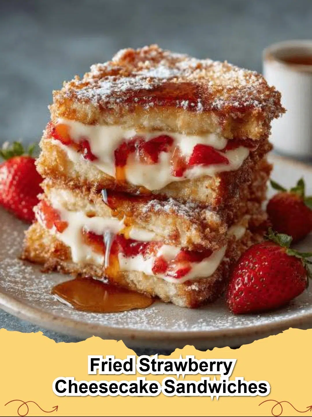 Delicious Fried Strawberry Cheesecake Sandwiches dusted with powdered sugar, showcasing a golden-brown crust and creamy pink strawberry filling.