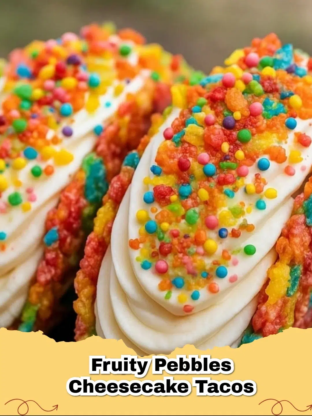 Delicious Fruity Pebbles Cheesecake Tacos with creamy filling and colorful cereal topping.