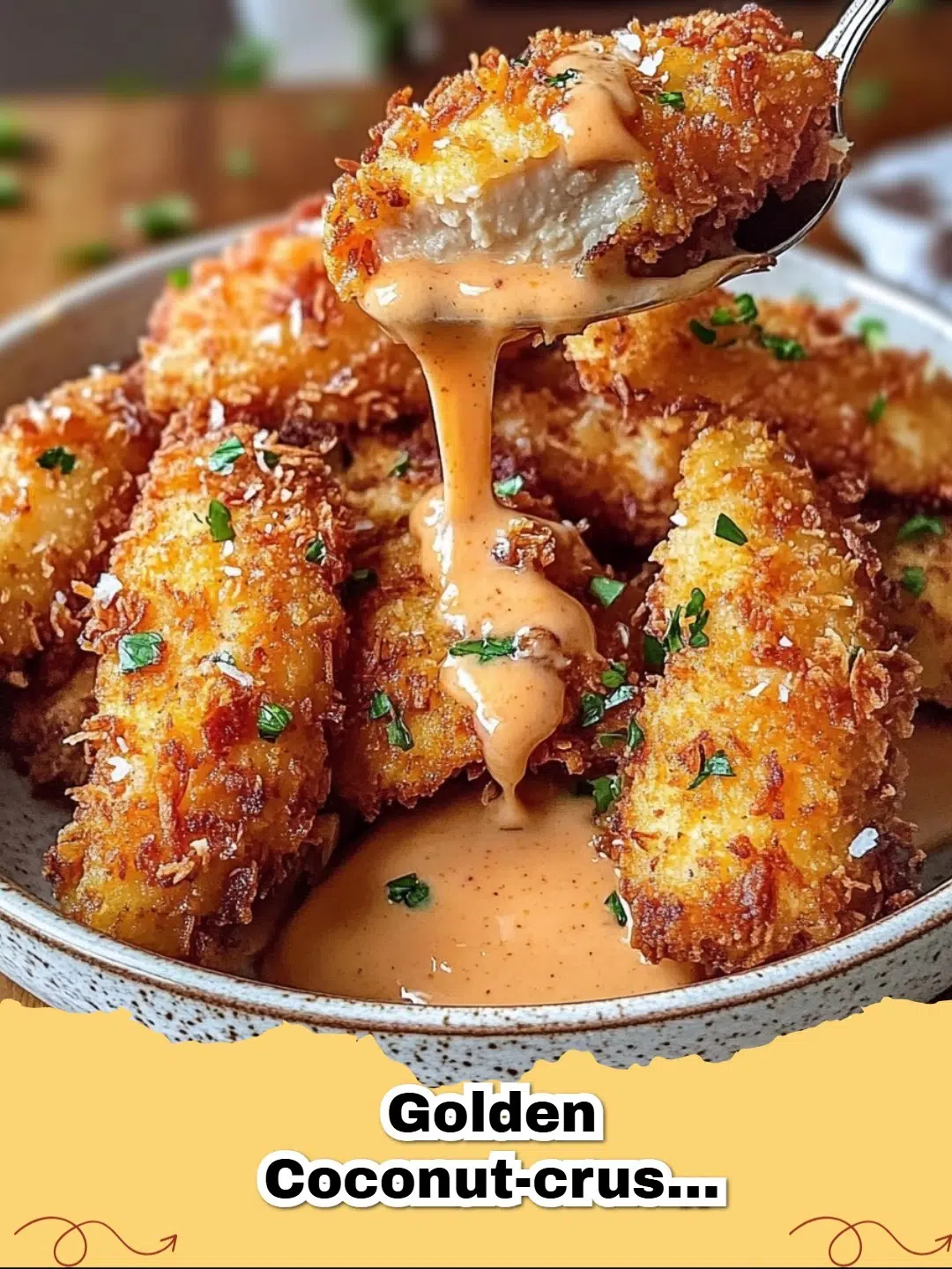 Golden Coconut-Crusted Chicken strips with a creamy sweet and spicy Bang Bang Drizzle on a white plate.
