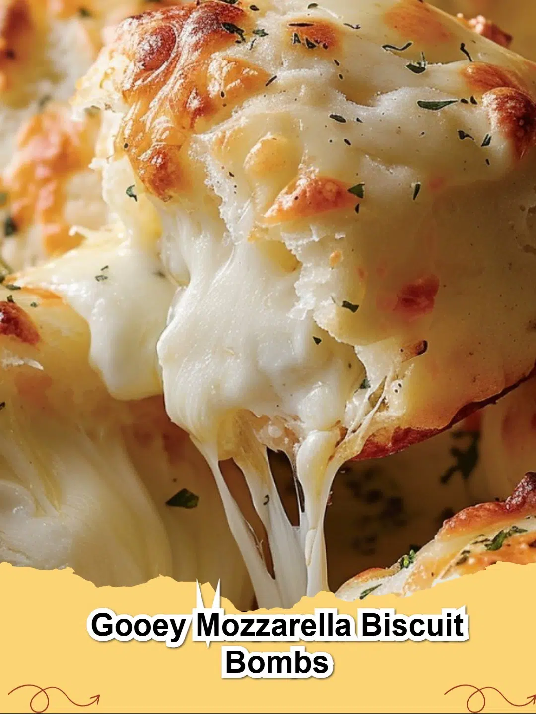 Gooey Mozzarella Biscuit Bombs, golden brown and fresh from the oven, with melted cheese oozing slightly from one.