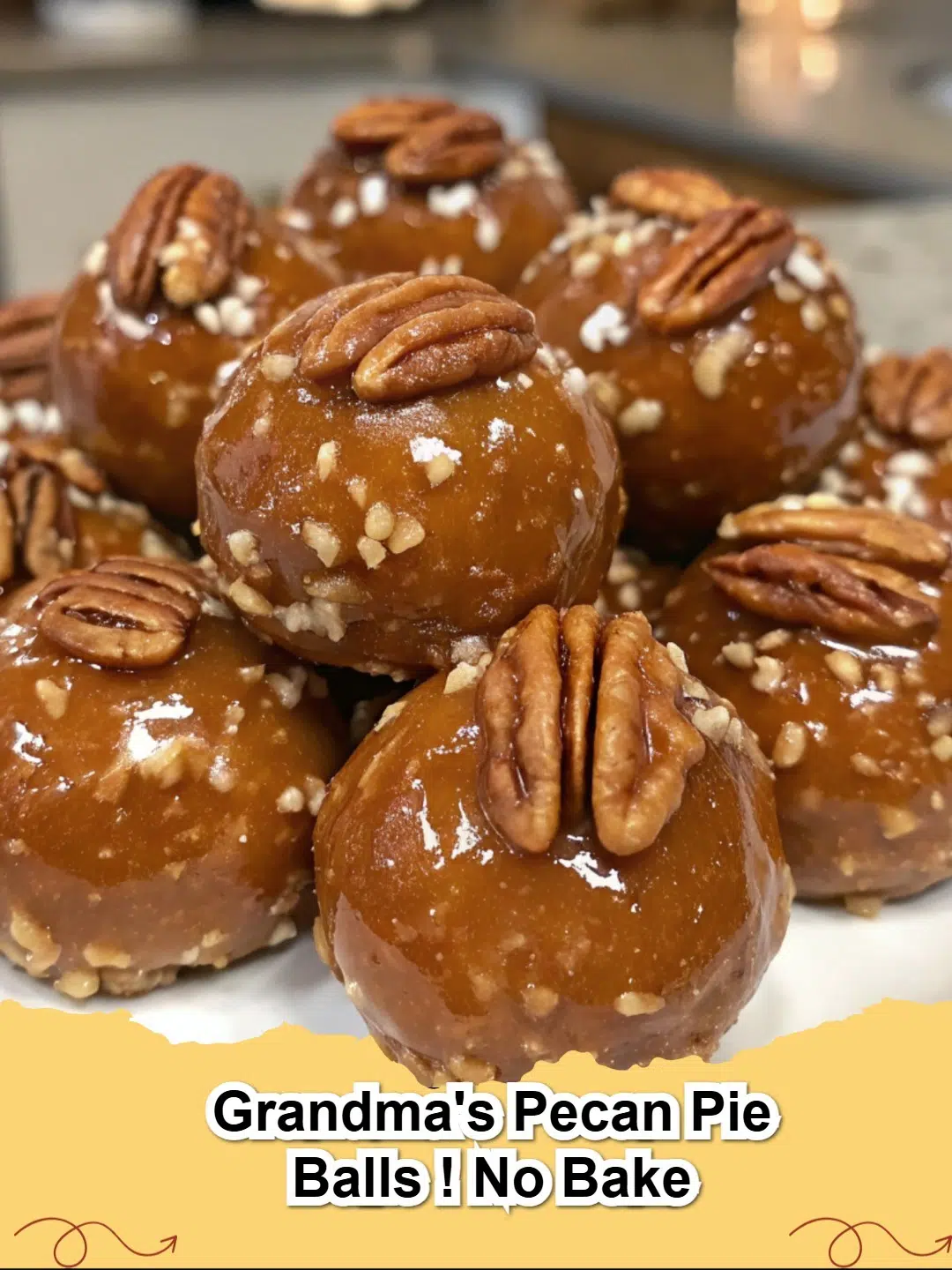 Delicious no-bake pecan pie balls on a serving platter, some coated with powdered sugar.