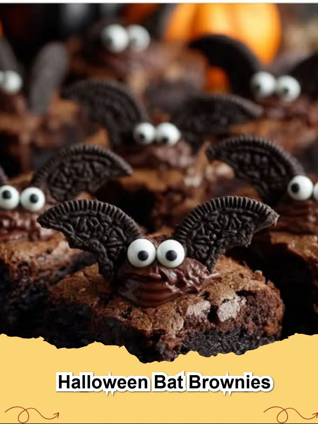 Delicious and spooky Halloween Bat Brownies with cookie wings and candy eyes, perfect for a festive treat.