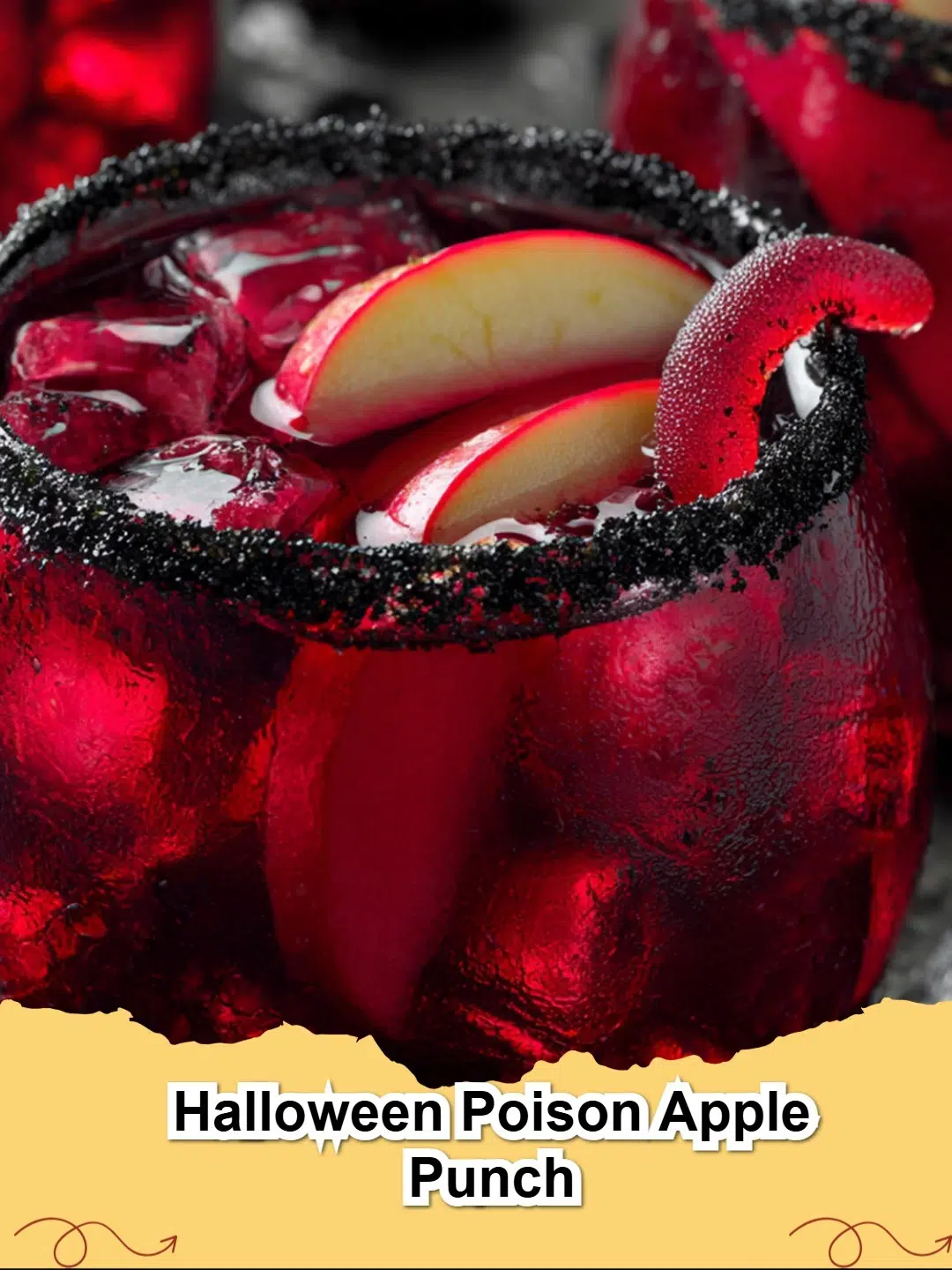 Spooky Halloween Poison Apple Punch in a glass with dry ice fog and apple slices, perfect for a party.
